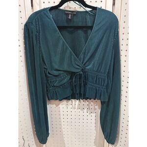 SINCERELY JULES‎ Teal Ribbed Drawstring Ruched V Neck Long Sleeve Crop Top L